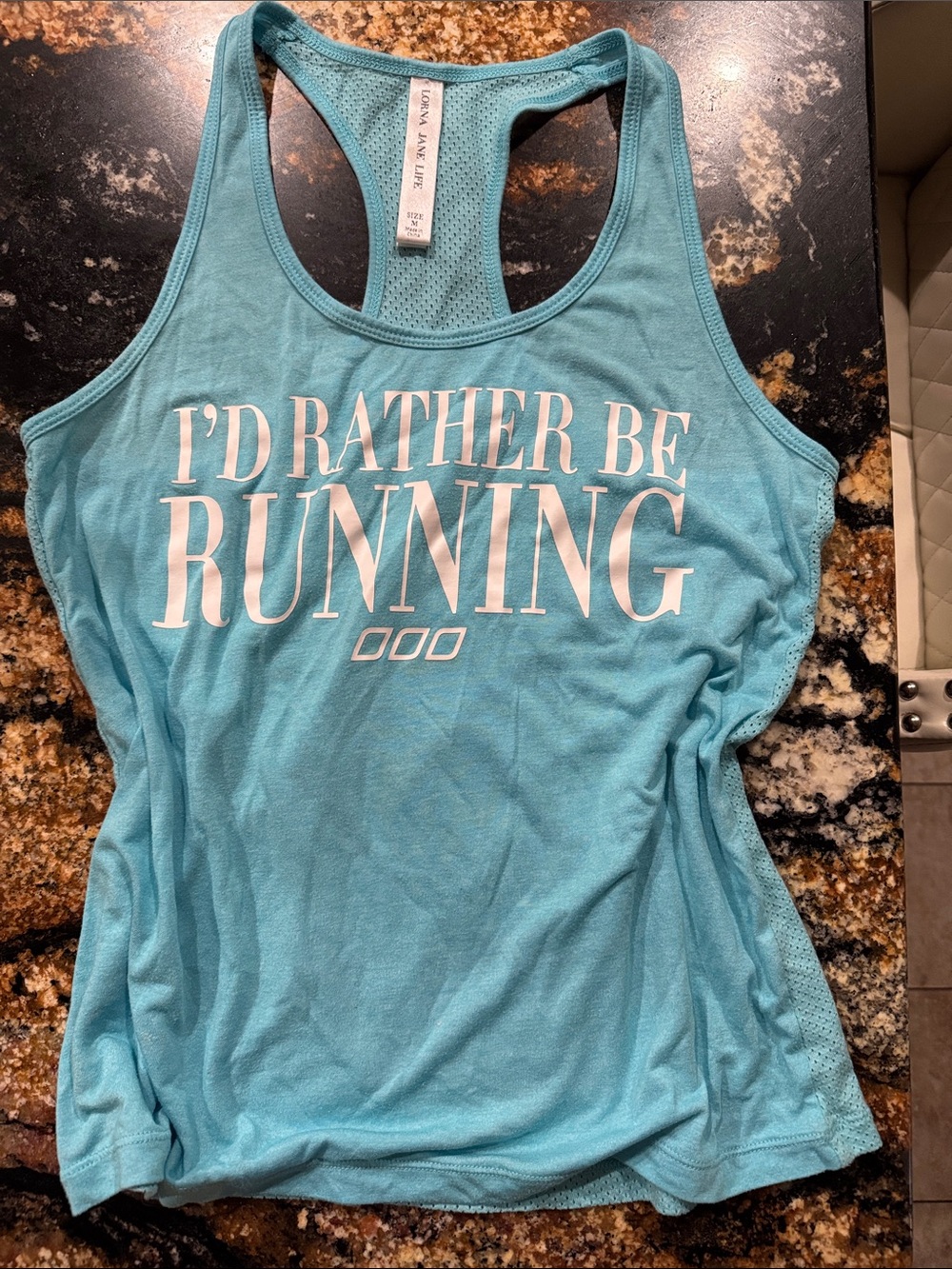 Lorna Jane Turquoise Racerback Muscle Tee with White Print